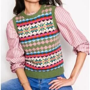 Boden Olive Green Fair Isle Knit Vest with Multicolor Pattern